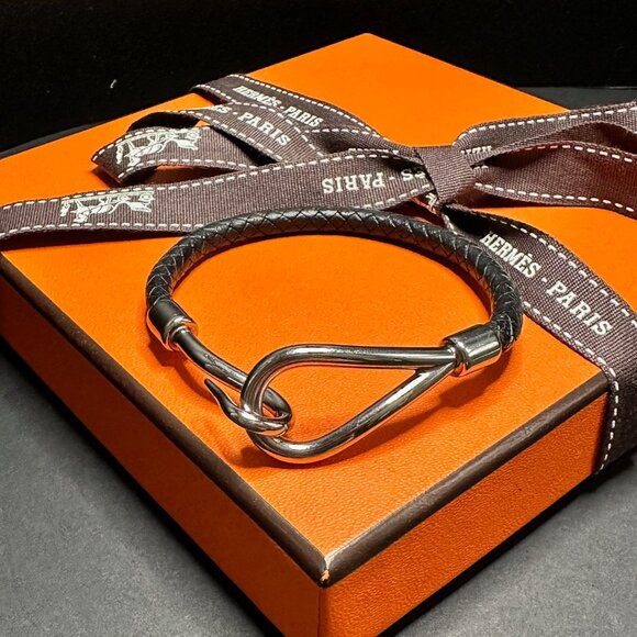 Hermes Black Braided Jumbo Hook Silver Palladium Plated Bracelet - EUC